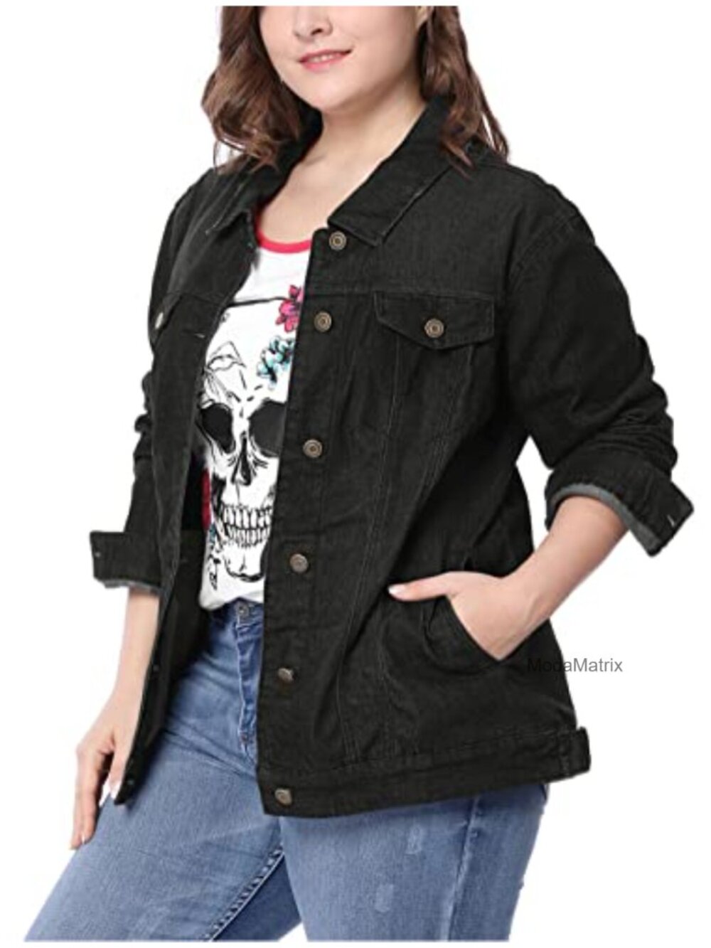 Women's Plus Size Button Up Denim Jacket Stitching Washed Jean Coat